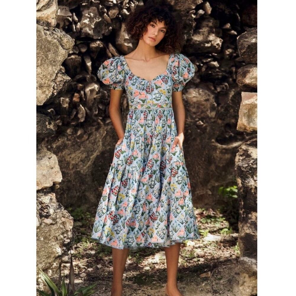 Agua by Agua Bendita Palmera Small Floral Cotton Poplin Midi Dress NWT
